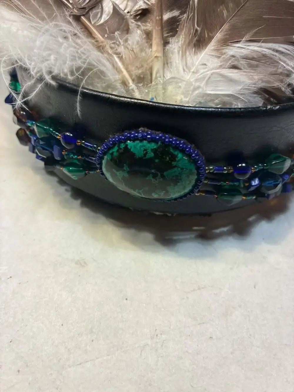 Handcrafted Beaded Leather Feather Headdress Headband with Malachite Focal Stone